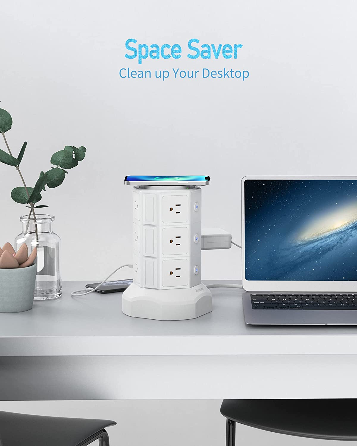 Power Strip Tower, Surge Protector Tower with 15W Magnetic Wireless Charger, 1050J, 13A Charging Station with 12 AC Outlets & 6 USB Ports, 6.5Ft Extension Cord for Home Office, White