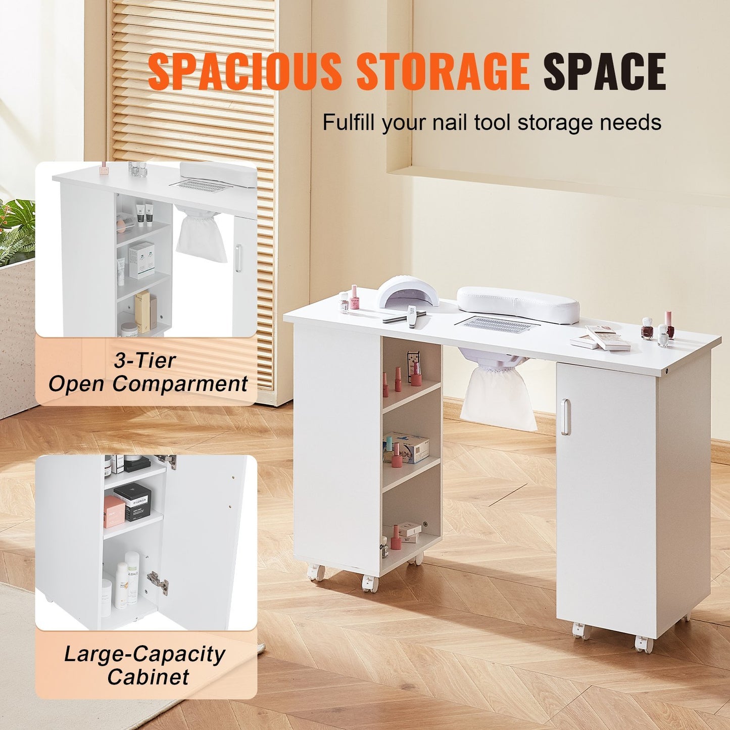 Professional Manicure Table with Electric Dust Collector - Mobile Nail Station with Wheels