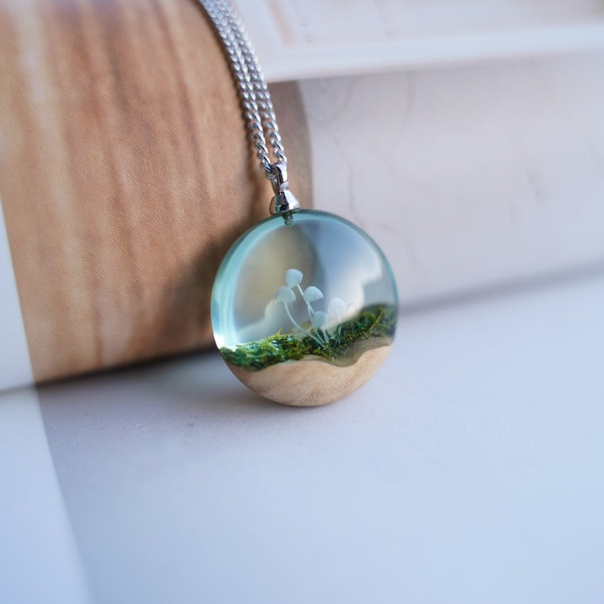 Mushroom Resin Pendant Necklace - Handcrafted Nature-Inspired Wood Log Jewelry