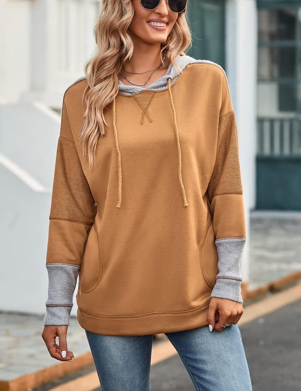 Women'S Oversized Color Block Long Sleeve Tunic Sweaters Tops Sweatshirt Khaki L