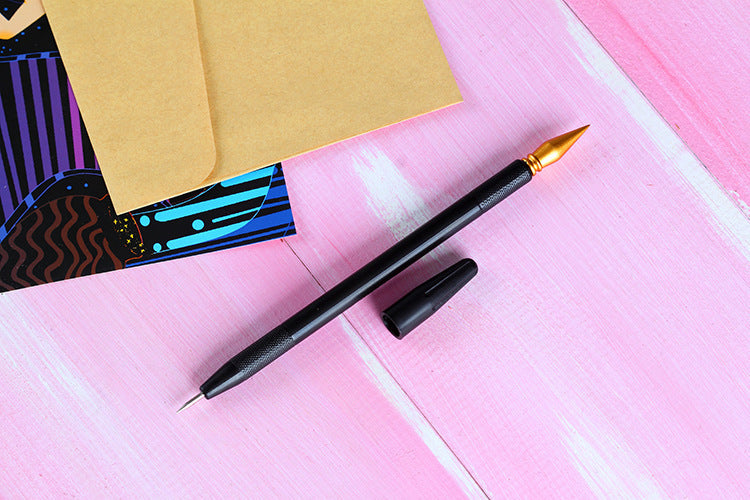 Professional Nail Art Scraping Brush Set - Dual-Use Gold Pen & Bamboo Stick Tool