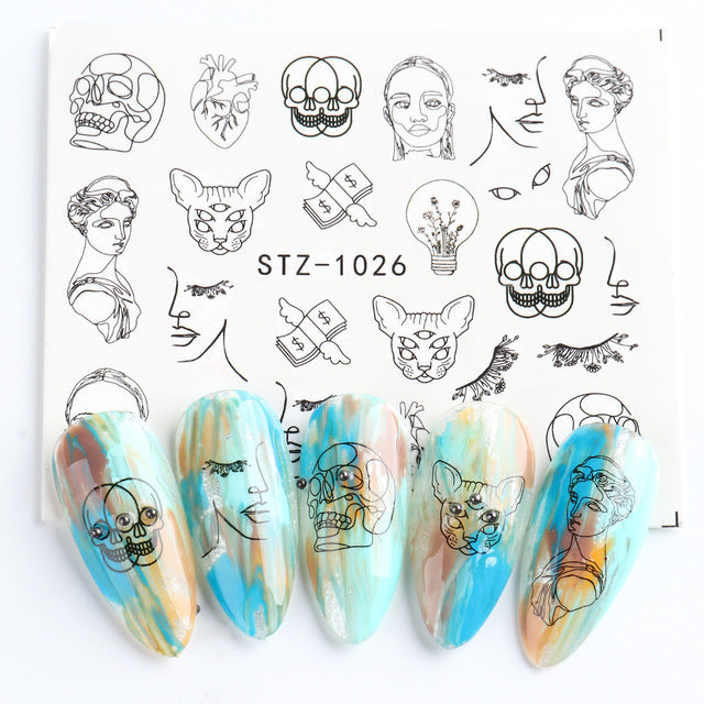 Retro Face Line Nail Stickers - Black Watermark Decals for French Manicure Art (10g)
