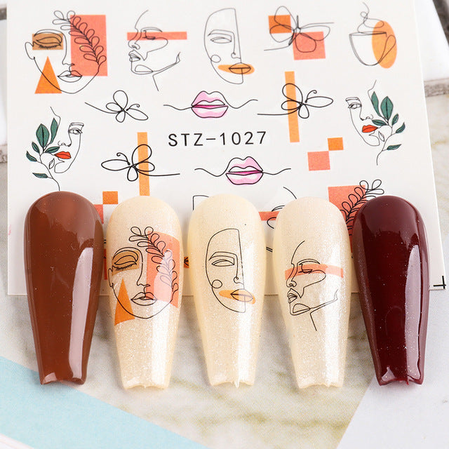 Retro Face Line Nail Stickers - Black Watermark Decals for French Manicure Art (10g)