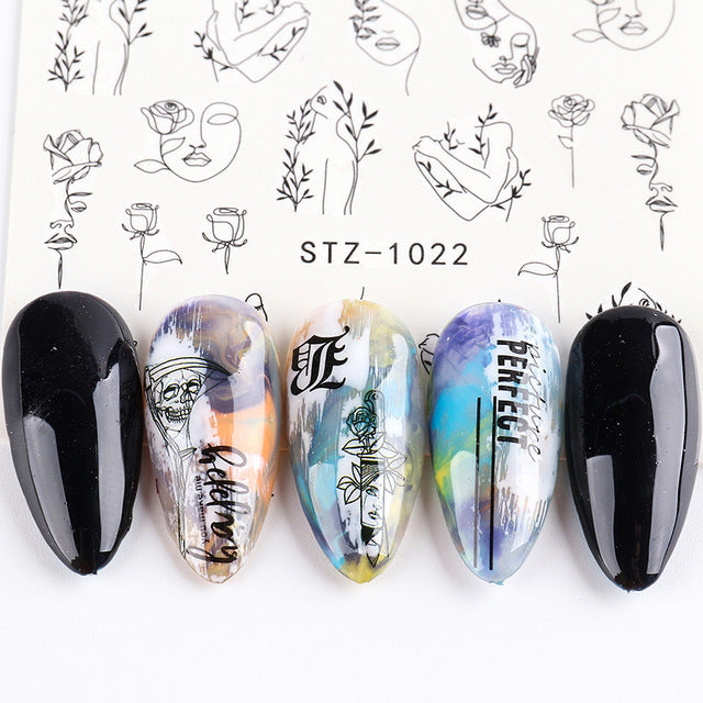 Retro Face Line Nail Stickers - Black Watermark Decals for French Manicure Art (10g)