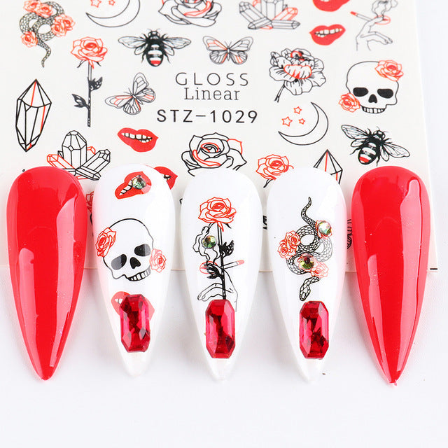 Retro Face Line Nail Stickers - Black Watermark Decals for French Manicure Art (10g)