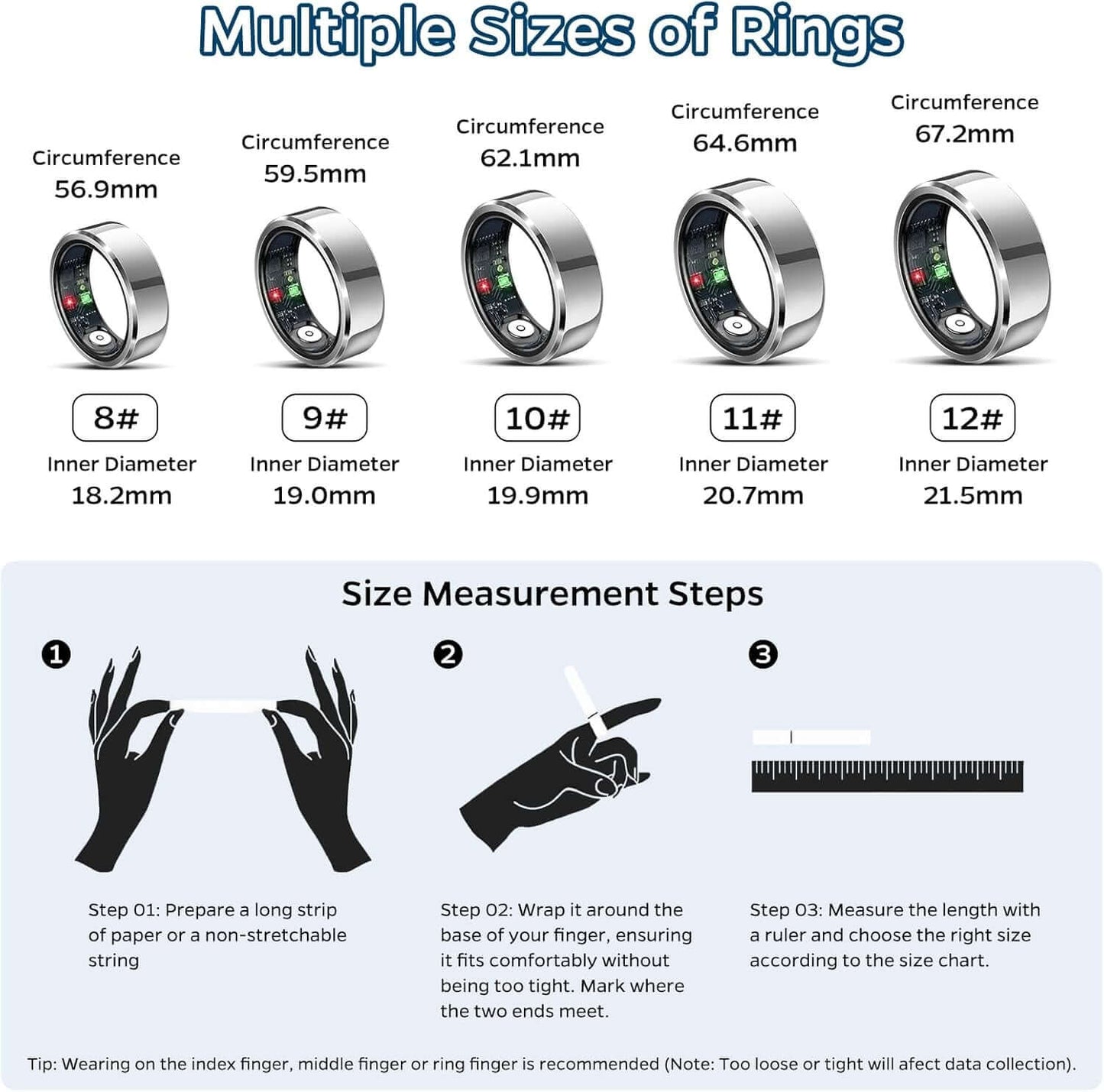 Sleep Tracker Ring with Heart Rate, Waterproof Fitness Ring for Activity Monitoring/Steps/Distance/Calories, Air Gestures, up to 7-Day Battery, for Ios Android (Silver,#12)