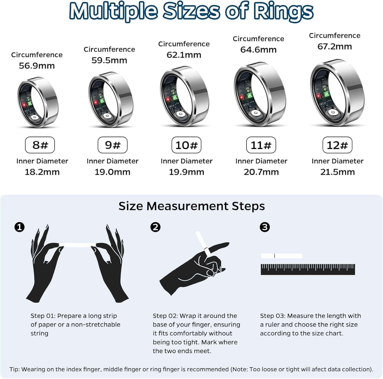 Sleep Tracker Ring with Heart Rate, Waterproof Fitness Ring for Activity Monitoring/Steps/Distance/Calories, Air Gestures, up to 7-Day Battery, for Ios Android (Silver,#12)