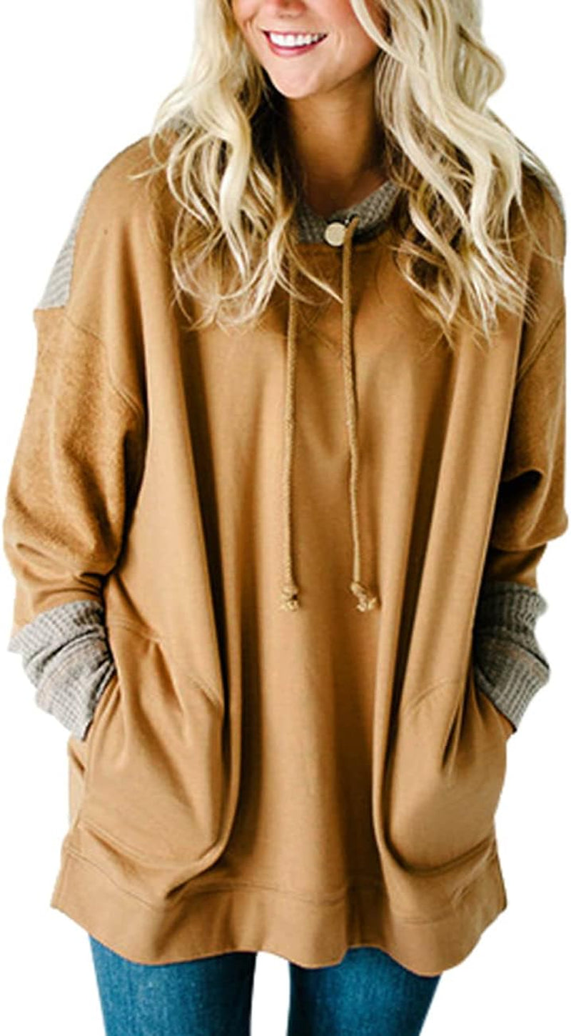 Women'S Oversized Color Block Long Sleeve Tunic Sweaters Tops Sweatshirt Khaki L