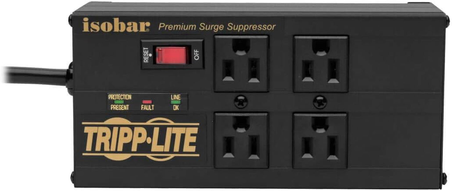 Isobar 4 Outlet Surge Protector Power Strip with 2 USB Charging Ports, 8Ft Long Cord, Right-Angle Plug, Metal, 3330 Joules, Lifetime Limited Warranty & $50K Insurance (Ibar4Ultrausbb),Black