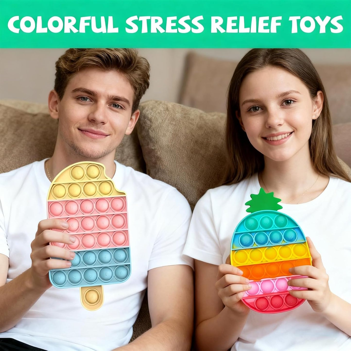 4 Pcs Fidget Toys, Rainbow Push Bubble Fidget Toys Ice Cream Toy Pineapple Squeeze Toys Set for ADHD Autism Stress Relief Toy Gift