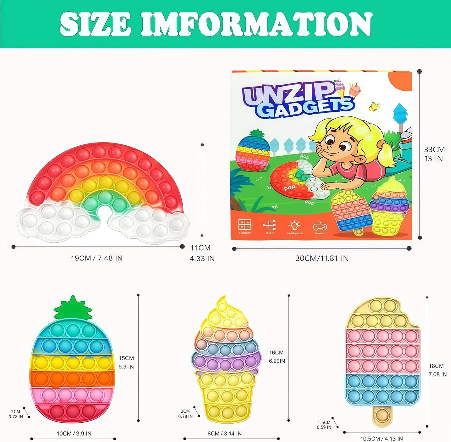 4 Pcs Fidget Toys, Rainbow Push Bubble Fidget Toys Ice Cream Toy Pineapple Squeeze Toys Set for ADHD Autism Stress Relief Toy Gift
