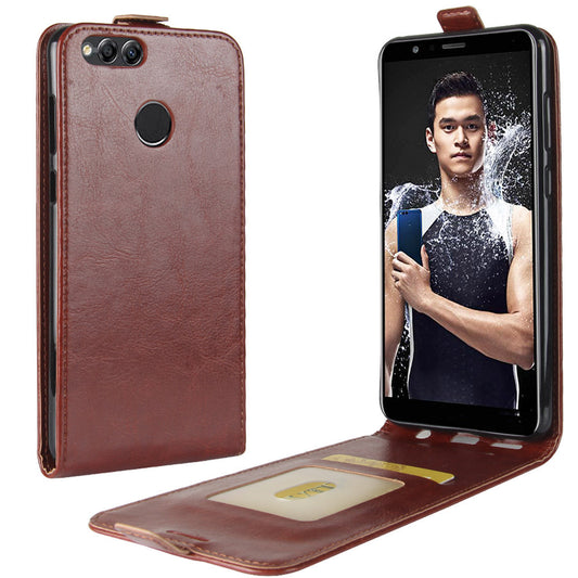Honor 7X Leather Wallet Case with Card Holder - Premium Brown Flip Cover