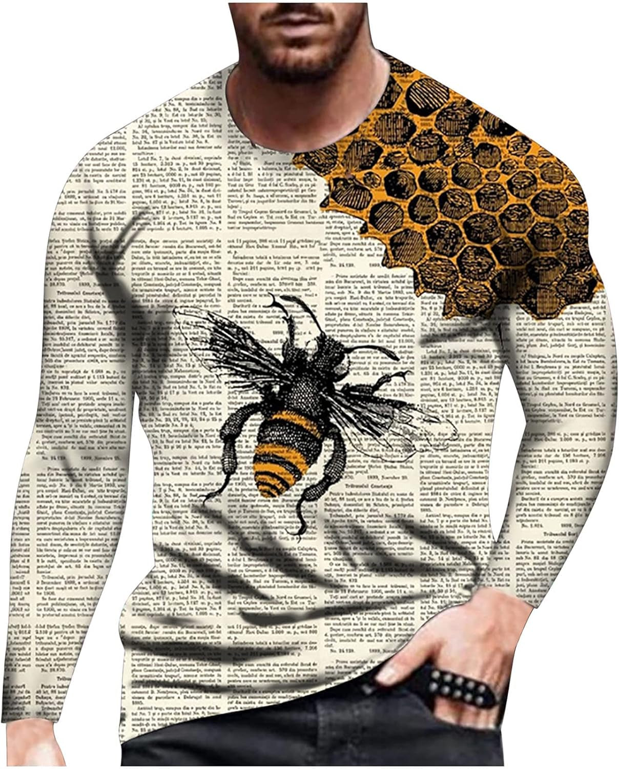 Long Sleeve Shirts for Men Art Bee Printing 3D Graphic Tees Shirts Color Block Tie Dye Tops Mens 3D Tshirts Loose Fit White