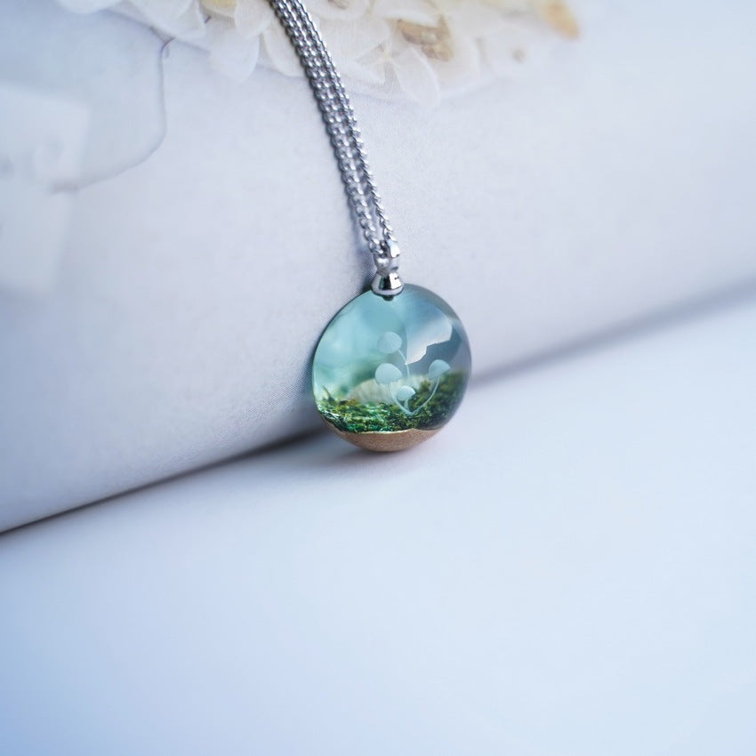 Mushroom Resin Pendant Necklace - Handcrafted Nature-Inspired Wood Log Jewelry