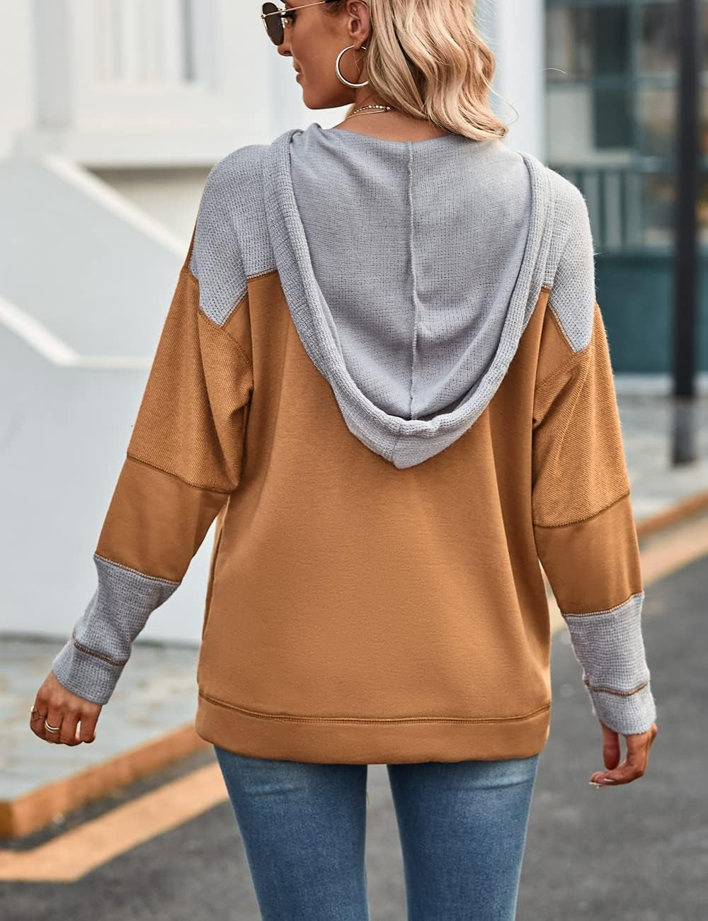 Women'S Oversized Color Block Long Sleeve Tunic Sweaters Tops Sweatshirt Khaki L