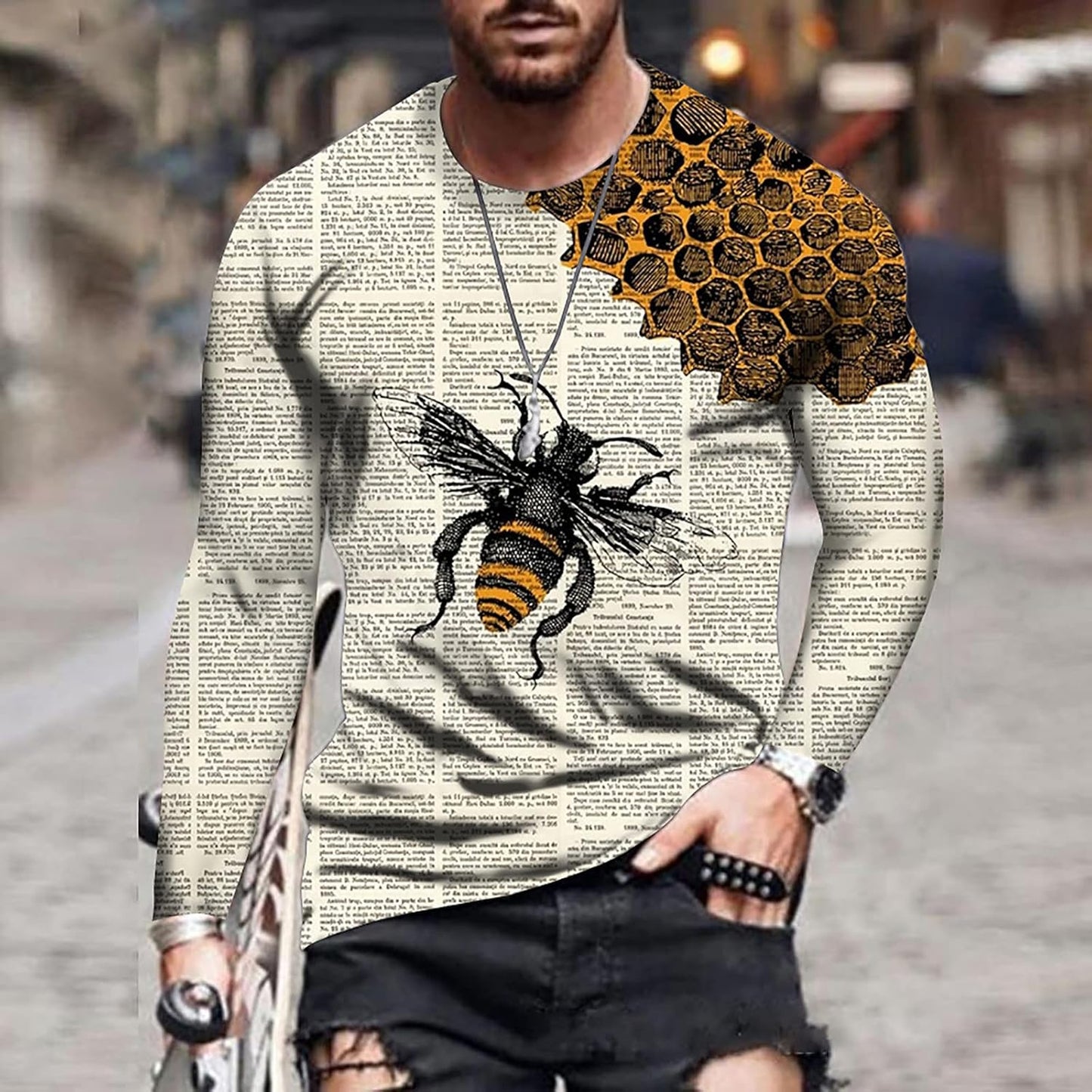 Long Sleeve Shirts for Men Art Bee Printing 3D Graphic Tees Shirts Color Block Tie Dye Tops Mens 3D Tshirts Loose Fit White