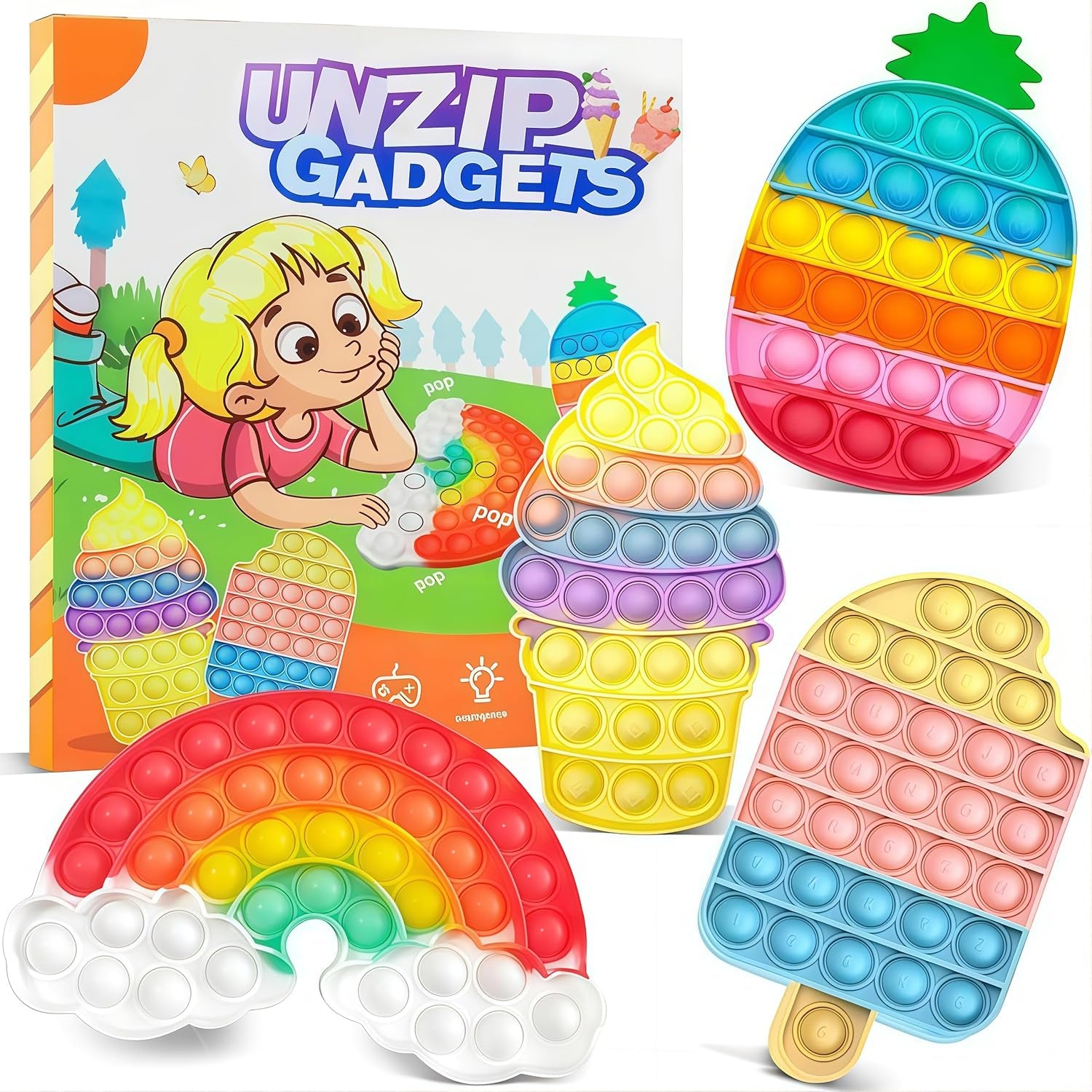 4 Pcs Fidget Toys, Rainbow Push Bubble Fidget Toys Ice Cream Toy Pineapple Squeeze Toys Set for ADHD Autism Stress Relief Toy Gift